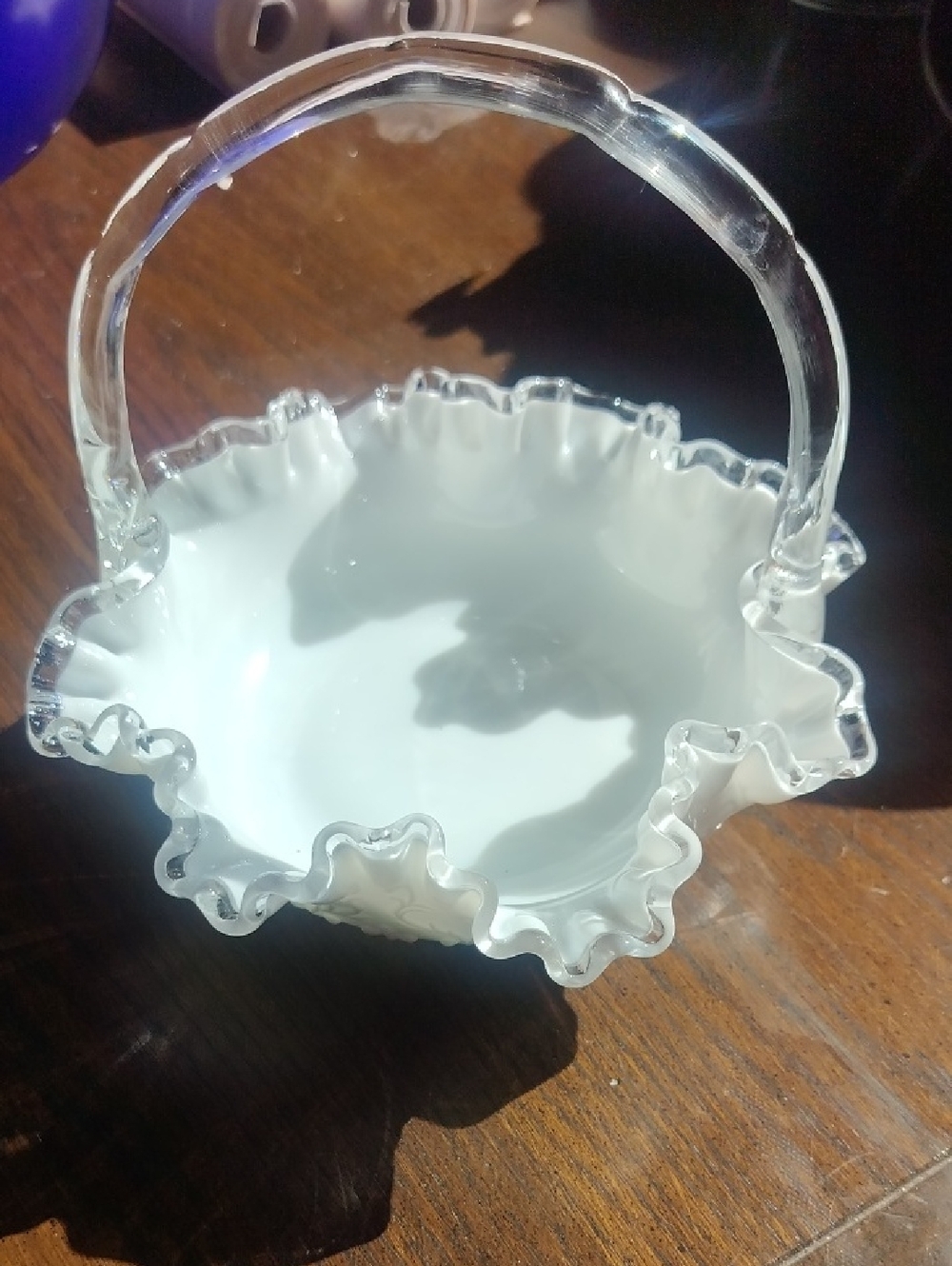 Vintage Fenton White Ruffled Glass Basket with Clear Handle